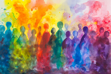 Abstract colorful art watercolor painting depicts a diverse group of people united. Illustration