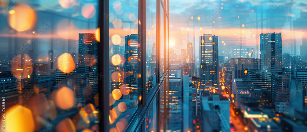 A stunning view of a cityscape through the glass window of a high rise ...