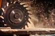 circular saw blade spinning with sawdust flying, no cut made yet