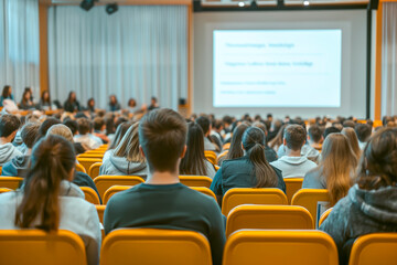 Back view of younger audience in the conference hall or seminar meeting with large media screen showing video presentation, business and education concept