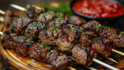 Sticker - Grilled beef skewers on wooden board with sauce