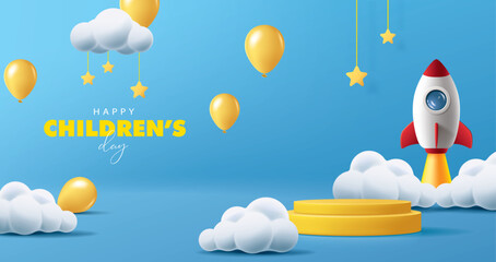 Wall Mural - Children's day banner for product demonstration.  Yellow pedestal or podium with rocket and balloons on blue background.