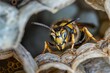 macro shot of a hornet on the nests papery surface