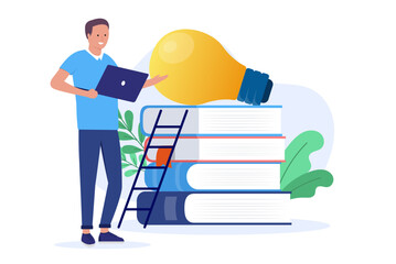 Aufkleber - Male student with laptop and books - Person standing holding computer in front of stack of school and educational books. Study and learning concept in flat design vector illustration