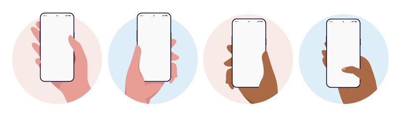 Poster - Mobile phone in hand template collection - Vector mockup of phones with white empty screen being held in diverse human hands on various background colours. Front view flat design illustrations