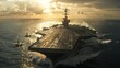 Aircraft carrier at sea, with fighter jets taking off from its deck