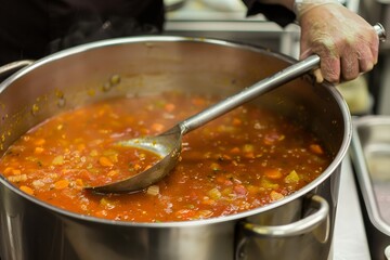 Sticker - chef stirring a large pot of soup with a stainlesssteel ladle