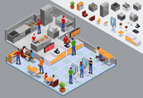 Fototapeta  - Fast food restaurant illustration and icons in isometric view