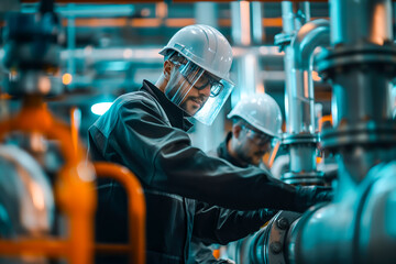 Chemical industry plant workers wearing uniform, eye shield glasses and hard hat checking pipes and machinery at refinery.