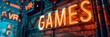 Neon GAMES text, set against a dark metal background