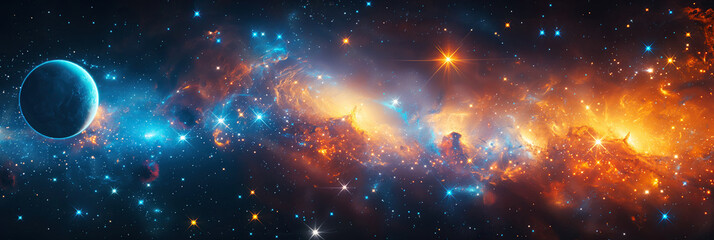 Wall Mural - panorama of fantastic multicolored outer space with stars, constellations, galaxies, planets