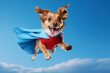 Perro con super poderes volando con capa roja.