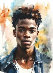Wall Mural - Portrait of black young man in watercolor style