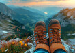 Closeup of feets from a with hiking shoes. Hiking hiker walking traveler mountains landscape