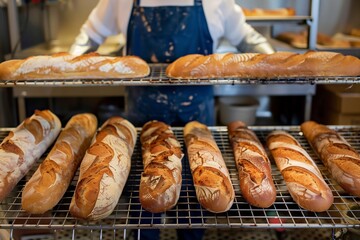 Sticker - worker arranging freshly baked bread on cooling racks