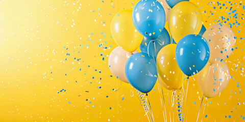 festive yellow background with balloons, streamers and confetti