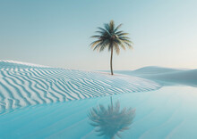 One Palm Tree In A Beautiful Bright Blue Sandy Desert. Minimal Travel Concept.