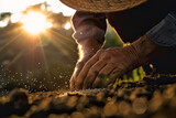 Fototapeta  - A seasoned farmer sows seeds with weathered hands, his figure backlit by the setting sun's golden glow, highlighting the dignified toil of rural life.
