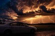 car parked on roadside with storm clouds and lightning in background