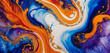 Abstract marbling alcohol ink paint background illustration art wallpaper - Orange blue color with liquid fluid and gold.