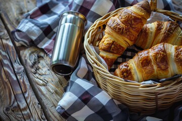 basket with organic pastries, thermos, on checkered cloth