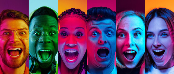 Wall Mural - Shocked and excitement. Collage. Portrait of emotional young men and women on multicolored background in neon light. Concept of human emotions, diversity, youth, happiness