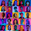 Collage made of portraits of positive people of different age, gender and nationality on multicolored background in neon light. Concept of human emotions, diversity, youth, happiness