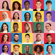 Collage made of portraits of positive people of different age, gender and nationality on multicolored background. Concept of human emotions, diversity, youth, happiness