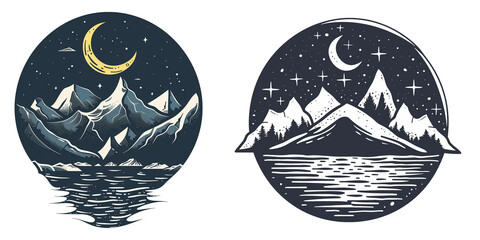 set of two logos for t-shirt design flat lay 2d mountains and river and the moon, on transparent background monochrome illustration
