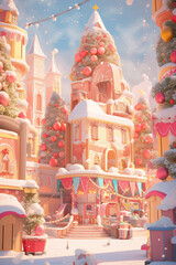 Dreamy winter day fairy tale town castle.