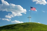Fototapeta Kosmos - White cross on a hill with grass and USA flag, memorial day.
