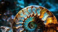 Fossil Blue And Brown Ammonite Spiral Pattern Shell Isolated On Blurred Background