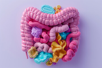 3d model of human intestine organ. Concept of healthy gut and microbiome.