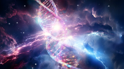 Wall Mural - vast deep space celestial background in pink and blue colors with a huge spiralling coil of dna merg