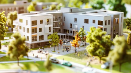 Wall Mural - Contemporary student housing with amenities, surrounded by miniature construction scenes of bike lanes and study areas being built