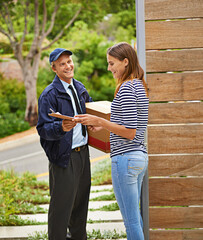 Sticker - Parcel, clipboard and deliveryman with woman at her home gate for ecommerce shipping package. Outdoor, order and courier driver with cardboard box with female person for signature at house entrance.