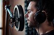 man wearing headset recording podcast in home studio