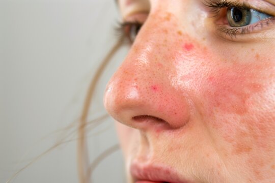 closeup of a womans cheek with visible rosacea