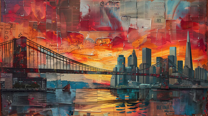 Wall Mural - A layered collage of the San Francisco cityscape with the Golden Gate Bridge in the foreground, made from newspaper clippings and bold acrylic strokes