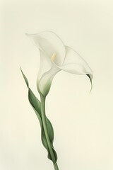 simple colored pencil of small single white minima calla lily flower botanical painting on ivory background,  Artwork for wall art illustration and home decor, digital art