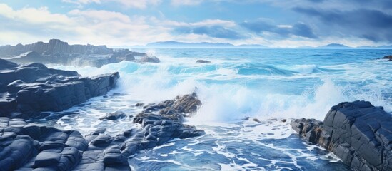 Wall Mural - The wind waves are causing the water to crash against the rocks along the ocean shore, creating a natural landscape with a dramatic horizon under a cloudy sky