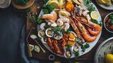 An opulent seafood platter overflowing with fresh crustaceans and shellfish, embodying the essence of a coastal feast, perfect for seafood markets, culinary arts, and gastronomy-focused content.