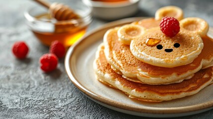 Kids breakfast with dog shaped pancake, berries, honey on white plate, bright background, copy space