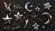 Isolated 3D chrome stars set in Y2K futuristic style, on dark background. 3D Y2K emoji with flying and falling stars, blings, moon and sparks.