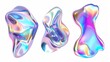 A 3D geometry illustration of holographic liquid shapes isolated against a white background. An abstract holographic metal blob surrounded by rainbow gradients.