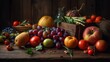 An artistically arranged still life showcases an abundance of fresh produce on a rustic wooden table, evoking a sense of harvest bounty.
