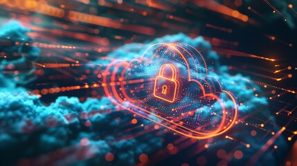 Abstract illustration of cloud security services, stylized cloud icon integrated with a secure padlock symbol, representing data protection and cybersecurity in cloud computing environments.