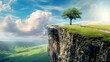 Lone tree on cliff overlooking green valley - A solitary tree stands on the edge of a cliff with a breathtaking view of a verdant valley and bright skies