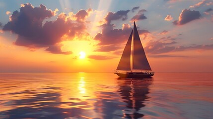 Poster - Serene sailboat on ocean at glowing sunset - A lone sailboat on the ocean basks in the light of a stunning, glowing sunset with a calm sea