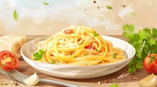 Illustrated Plate Of Spaghetti With Cheese And Tomatoes - Artistic Rendering Of Spaghetti In A Minimalist Style With Cheese And Tomatoes On A White Plate